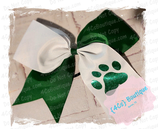 Two Tone Green & White with Paw Print Ponytail Cheer Bow