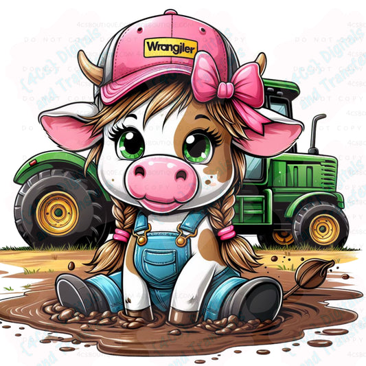Cute Little Girl Brown & White Cow with a Tractor DIGITAL DOWNLOAD