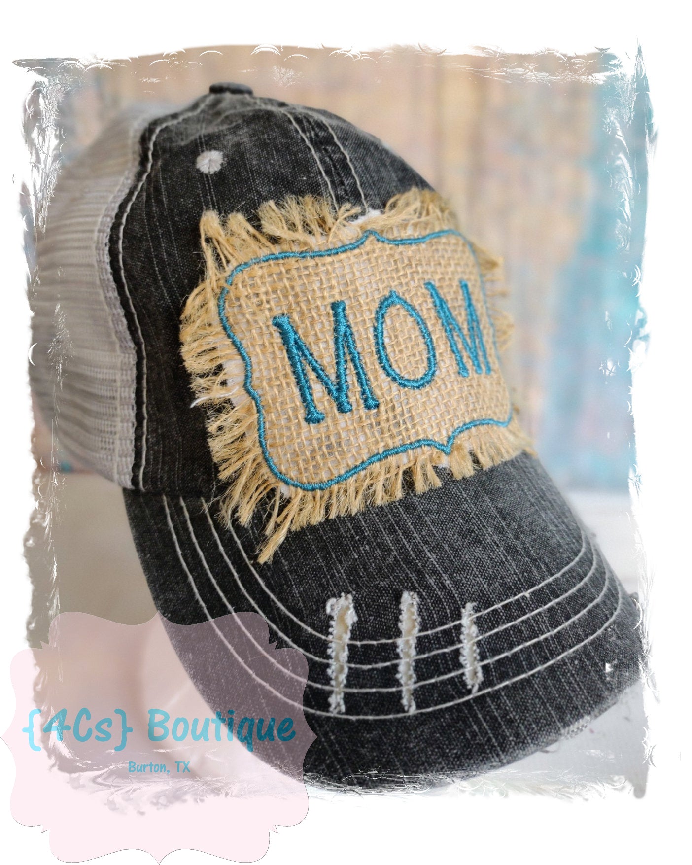 Mom Burlap Embroidered Patch Cap (Front)