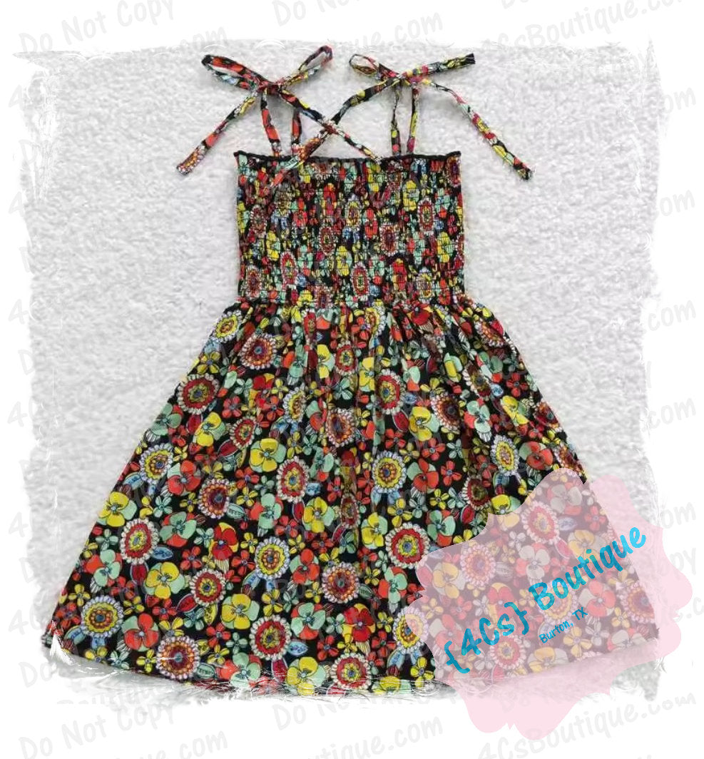 Girls Smock Dress Black with Bright Flowers