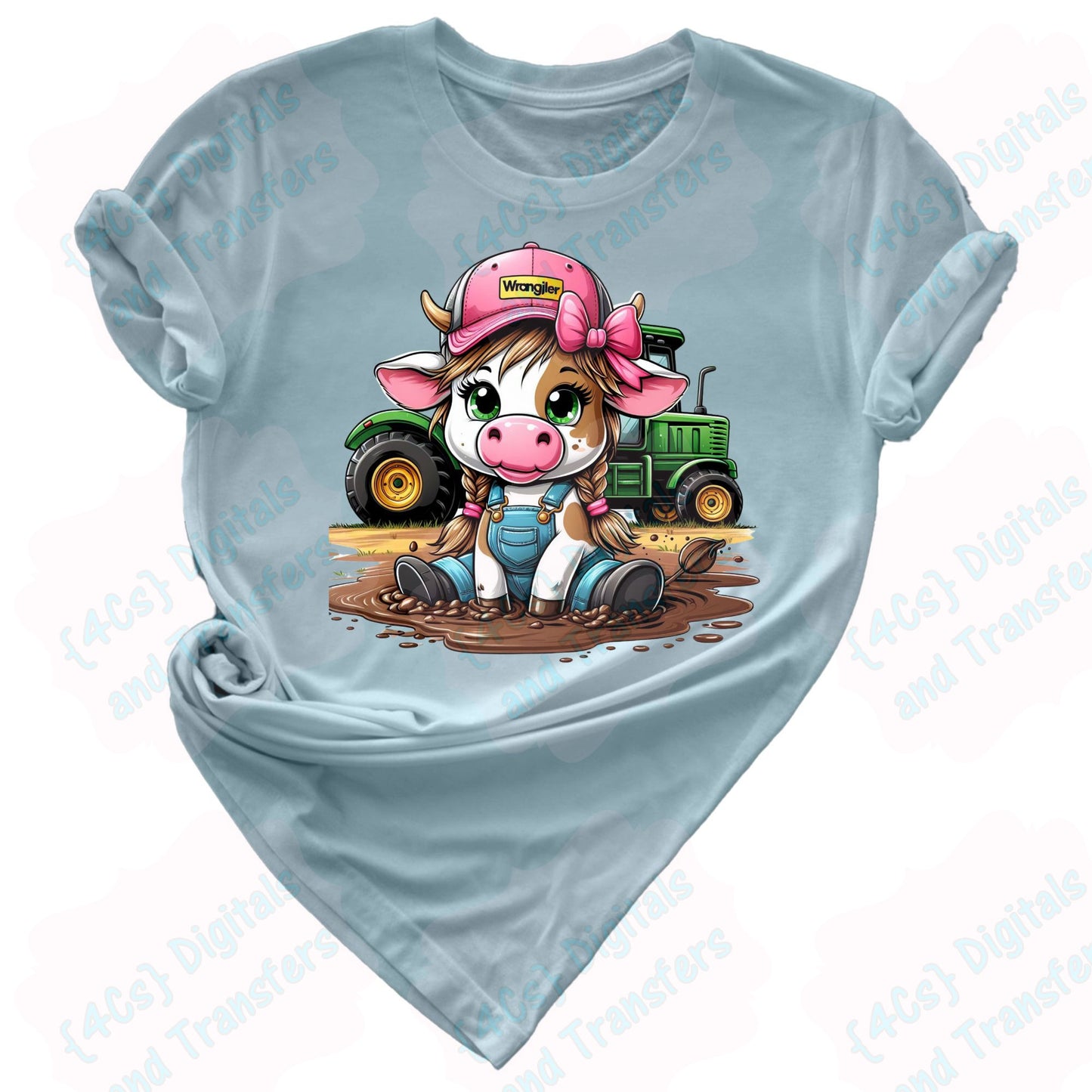 Cute Little Girl Brown & White Cow with a Tractor DIGITAL DOWNLOAD