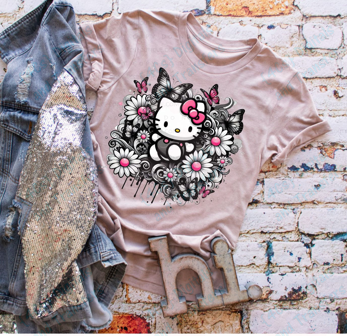 Black/White/Pink Kitty with Butterflies DIGITAL DOWNLOAD