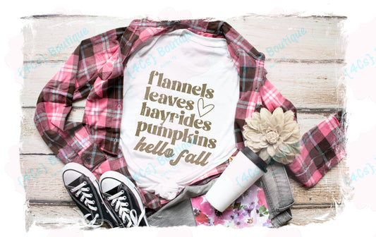 Flannels Leaves Hayrides Pumpkins Hello Fall Shirt