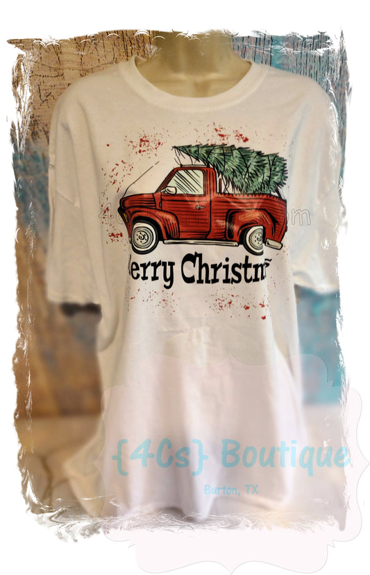 Size X-Large Old Red Truck Merry Christmas White Shirt