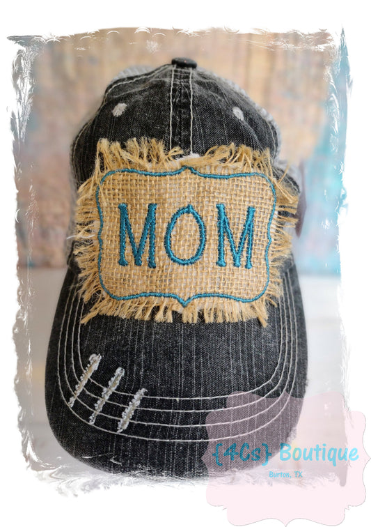 Mom Burlap Embroidered Patch Cap (Front)