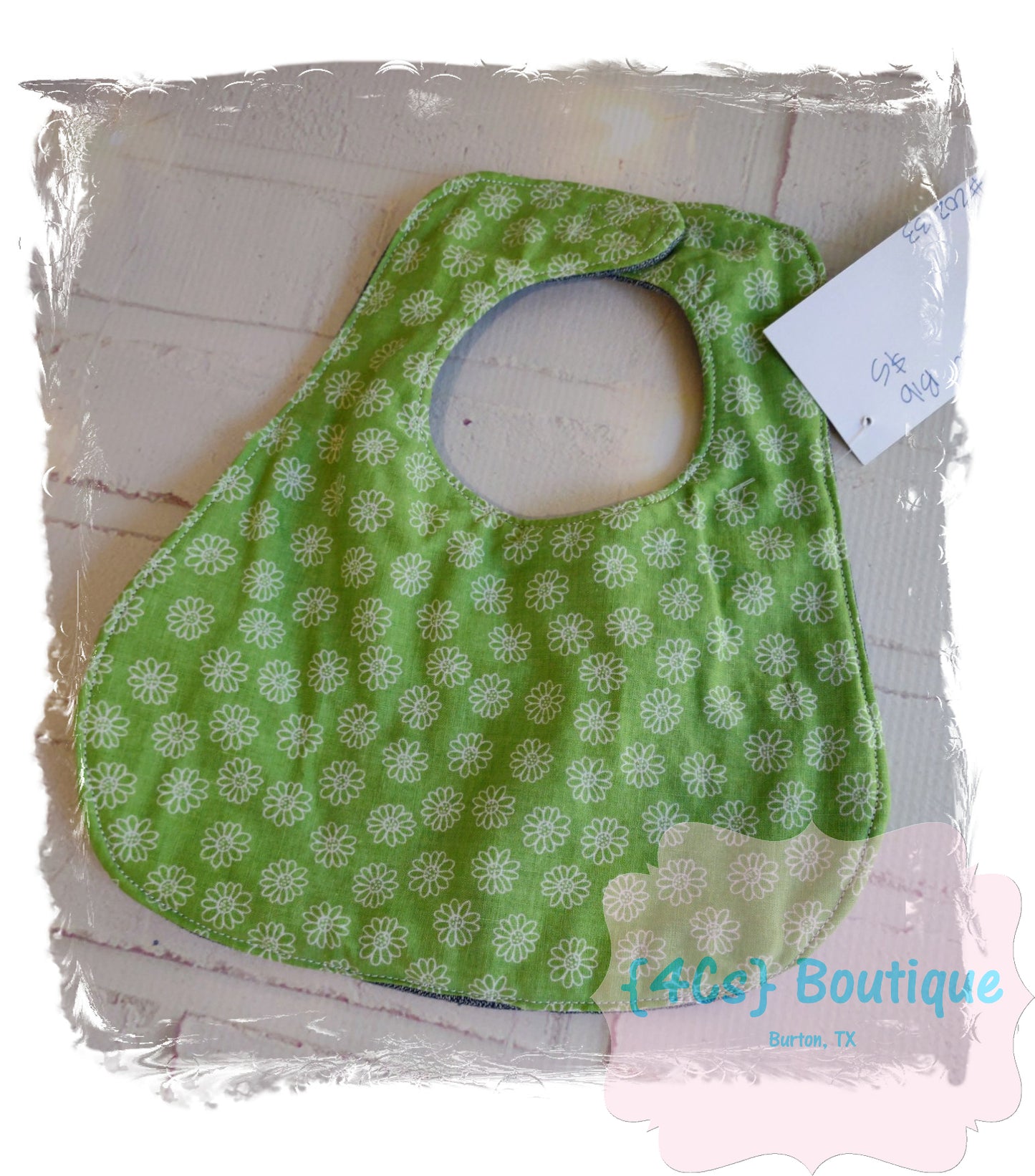 Upcycled Denim Baby Bib Lime Green/Purple/Flowers Fabric