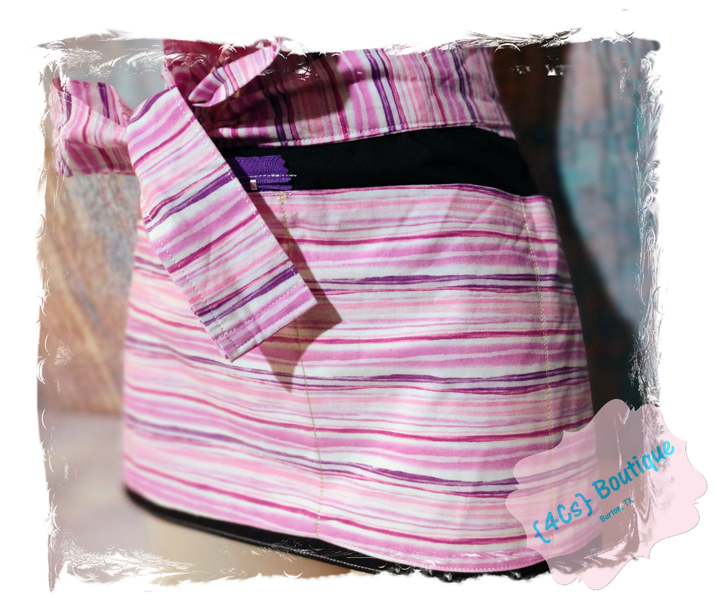 Pink Purple Striped Apron w/ Zipper Pocket