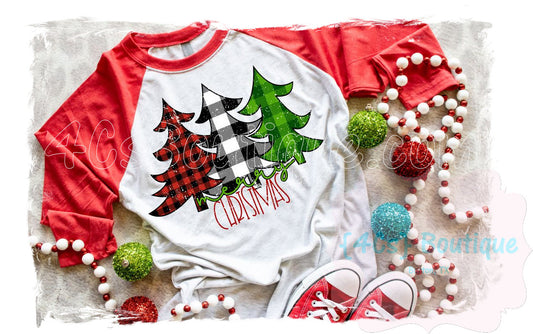 Merry Christmas Three Trees Plaid Colors Kids Shirt