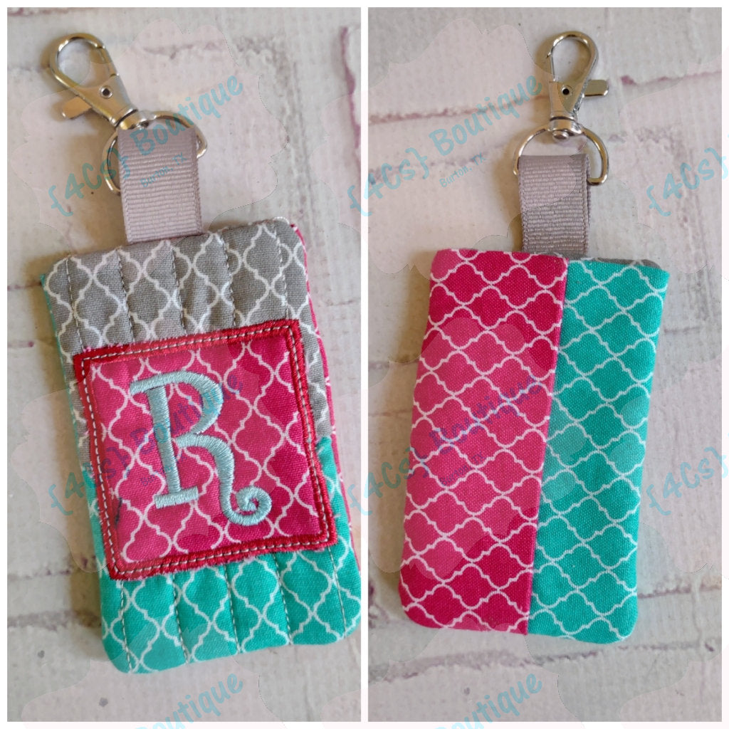 "R" Pink/Gray/Turquoise Quatrefoil Card Holder Keychain